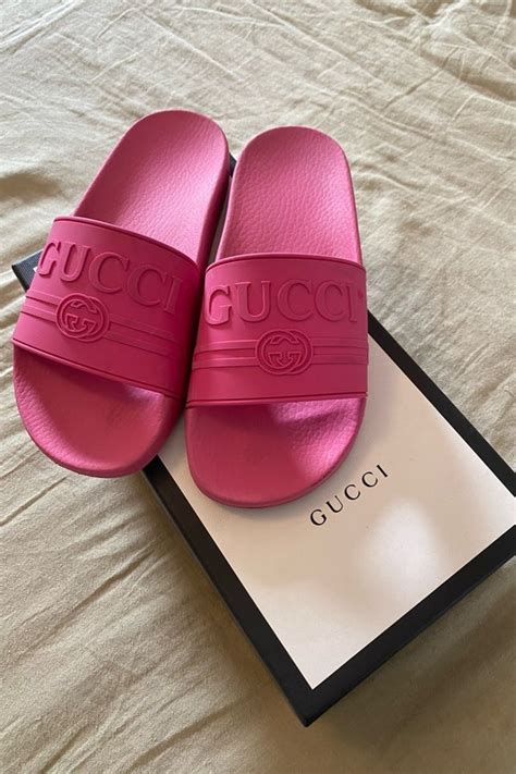 gucci hot pink slides|pink gucci slides farfetch.